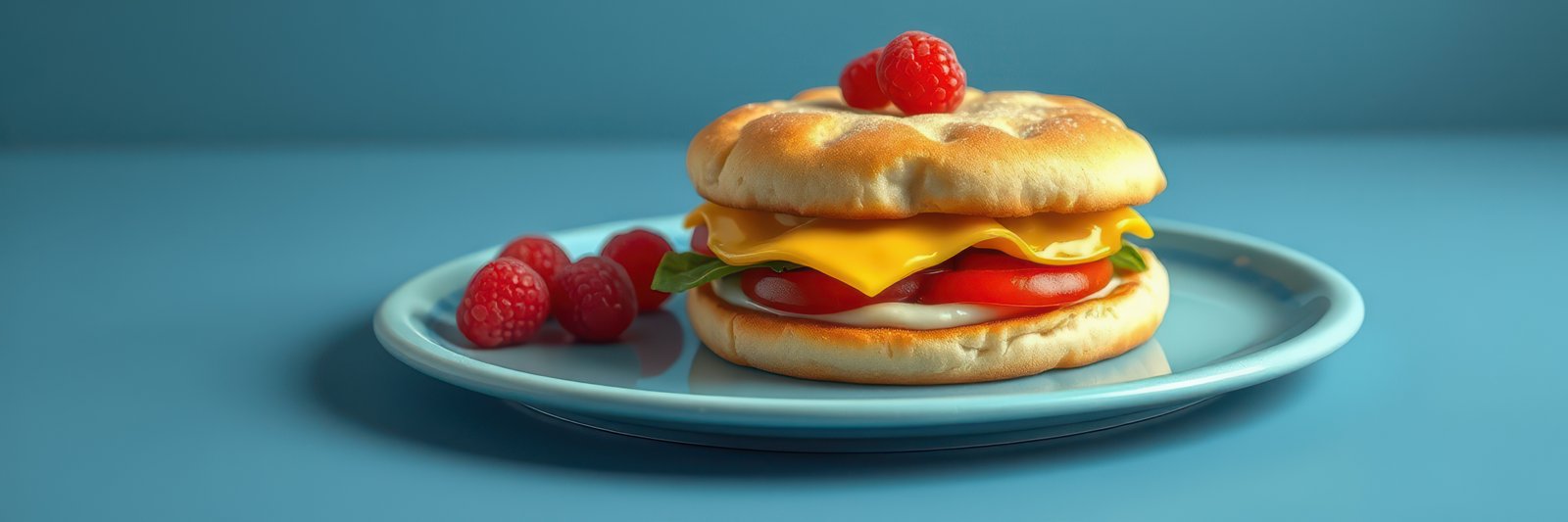 Delicious breakfast sandwich with melted cheese, fresh vegetables, and raspberries on a blue plate